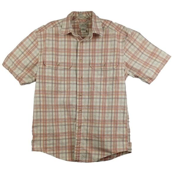 LL Bean Shirt Mens S Regular Plaid Traditional Fit Short Sleeve Pink Blue Plaid - Picture 1 of 12